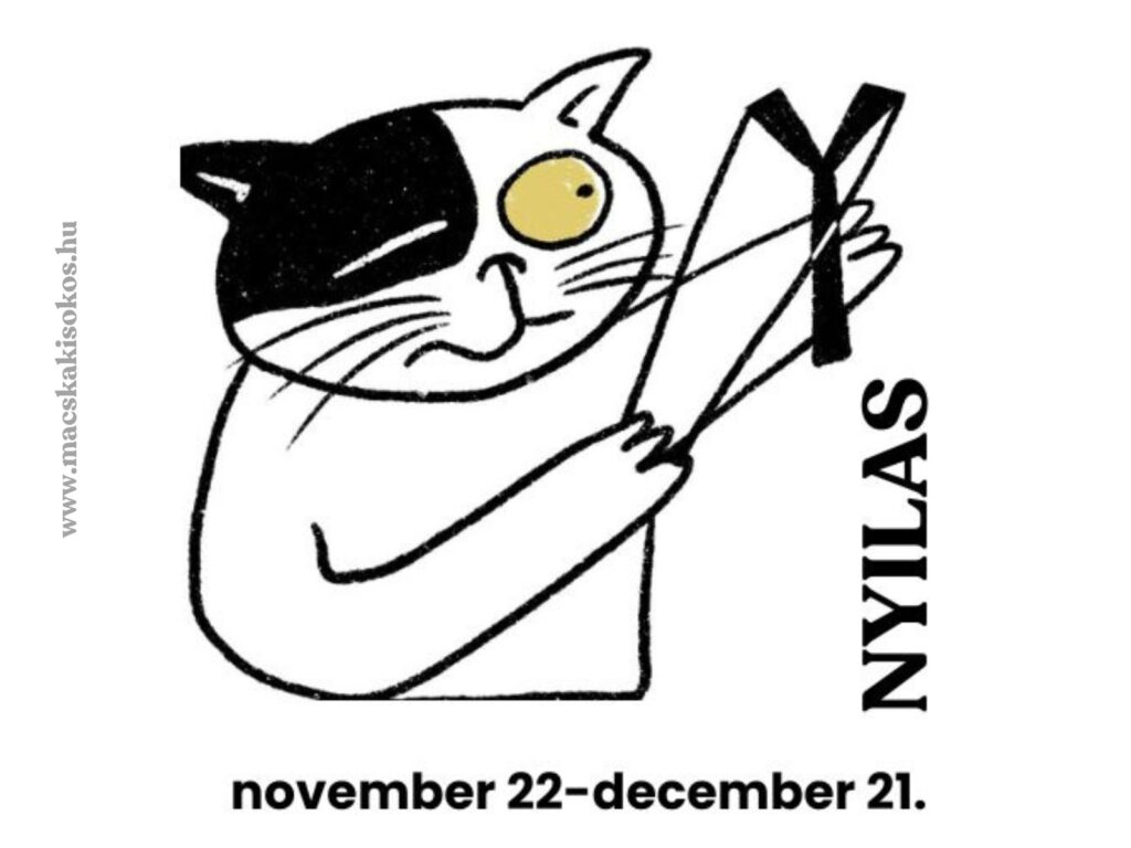 Fekete-fehér illusztrált macska íjjal, a Nyilas csillagjegy szimbóluma, november 22. és december 21. dátummal.