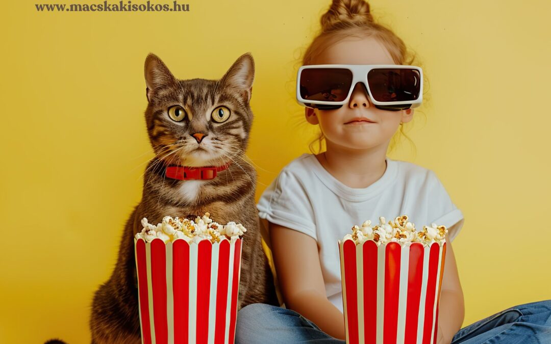 Az öt legjobb karácsonyi macskás film egyikét nézi egy cirmos macska piros nyakörvben és kislány 3D szemüvegben ülnek popcornnal, sárga háttér előtt.