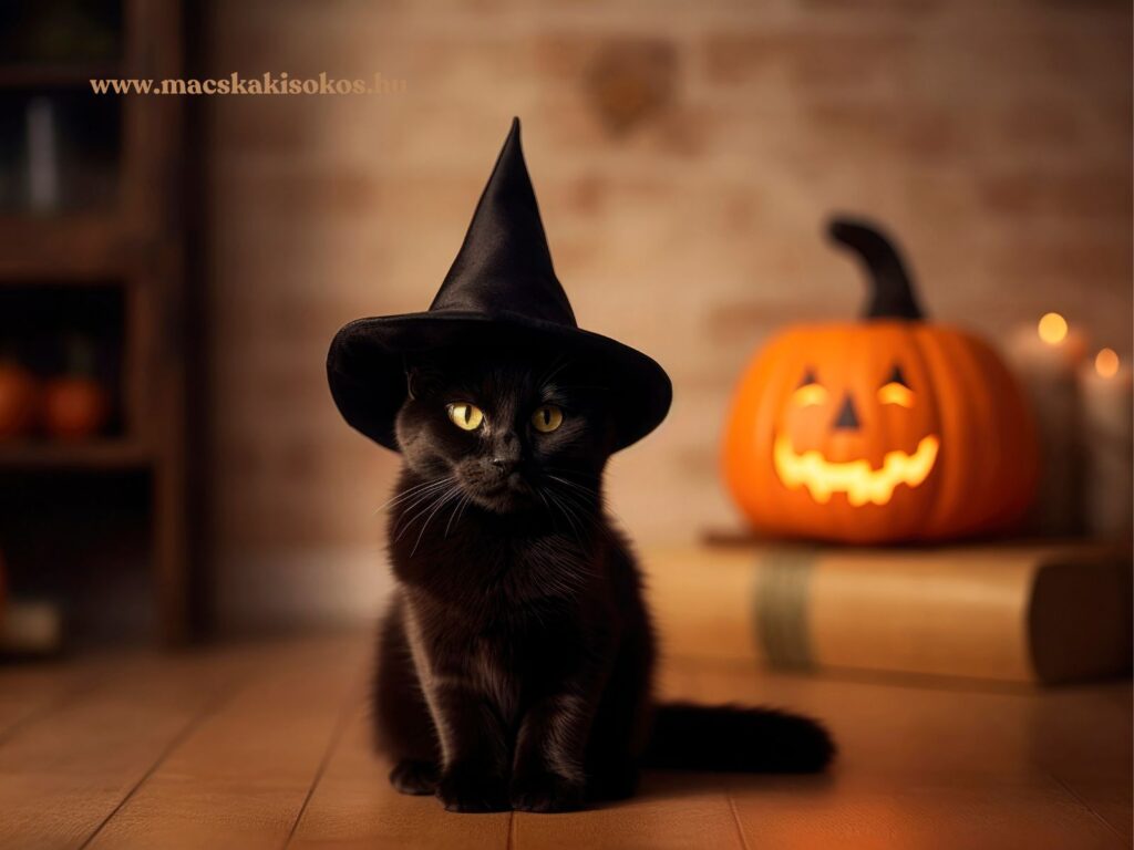 Fekete macska boszorkánykalapban ül halloween hangulatú díszletben, háttérben világító tökkel.
